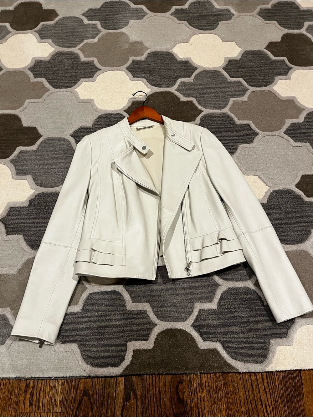 Diane Von Furstenberg Light Cream Leather Moto Jacket with Layered Hem (8)